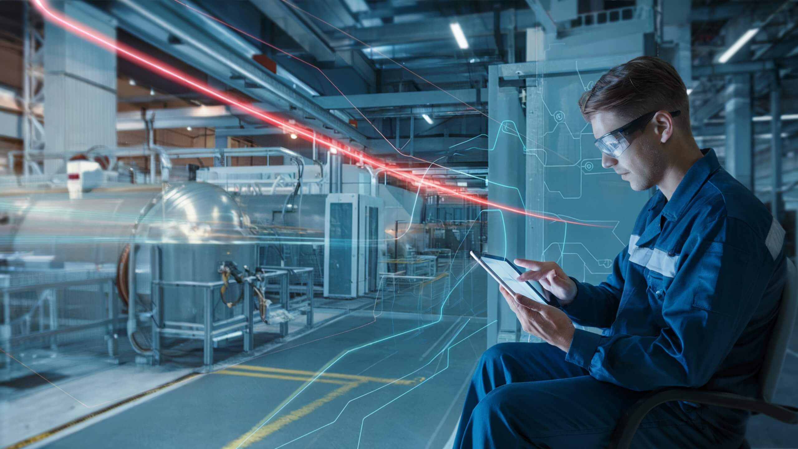 Techniker in Schutzbrille und Arbeitskleidung bedient ein Tablet in einer hochmodernen Fabrikhalle, umgeben von digitalen Datenlinien und roten Lichtbahnen, die industrielle Automatisierung und Technologie darstellen."