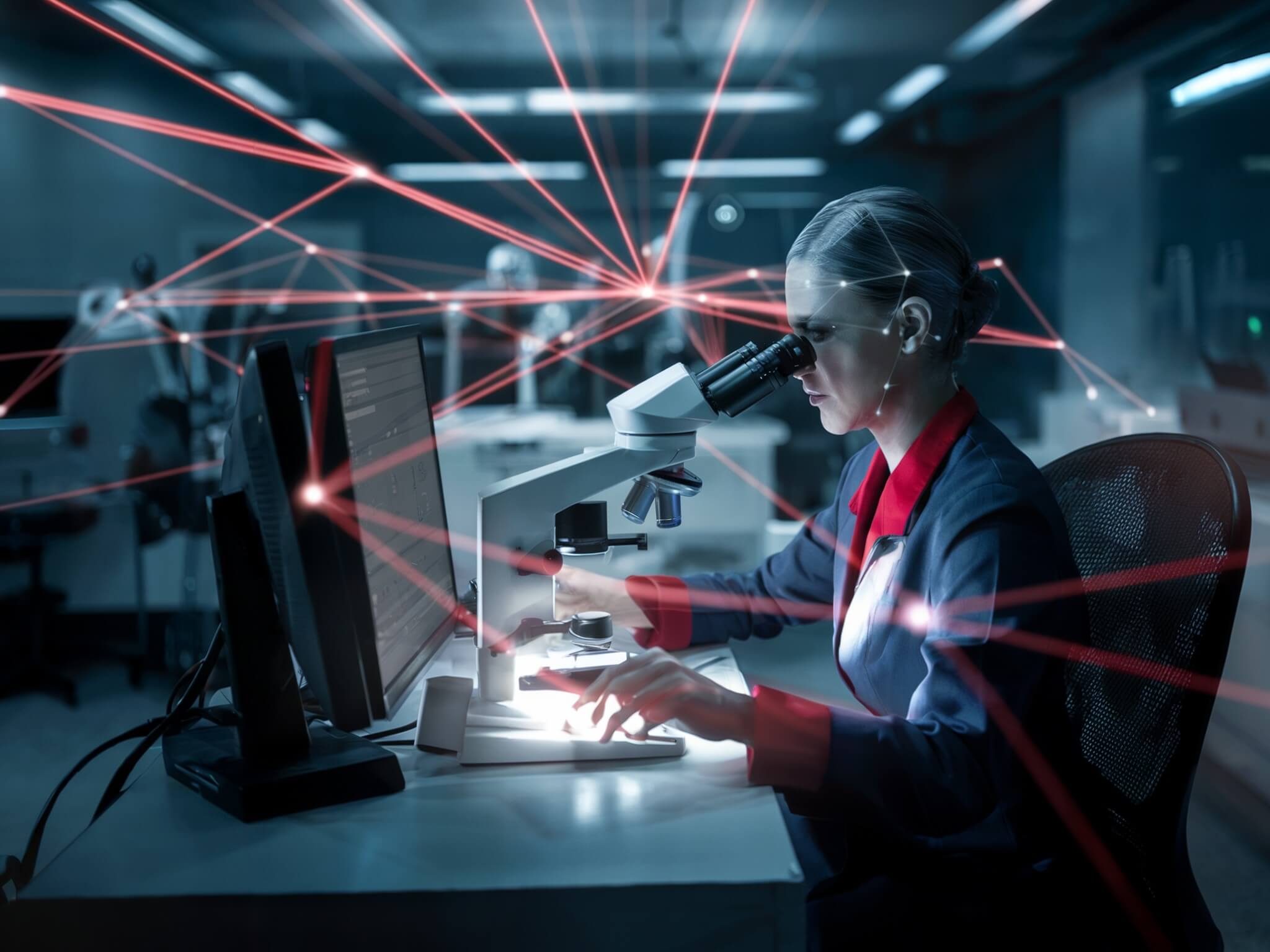 Scientist working in a laboratory with a microscope and a computer screen, surrounded by red light beams symbolizing data flows and technological connectivity.