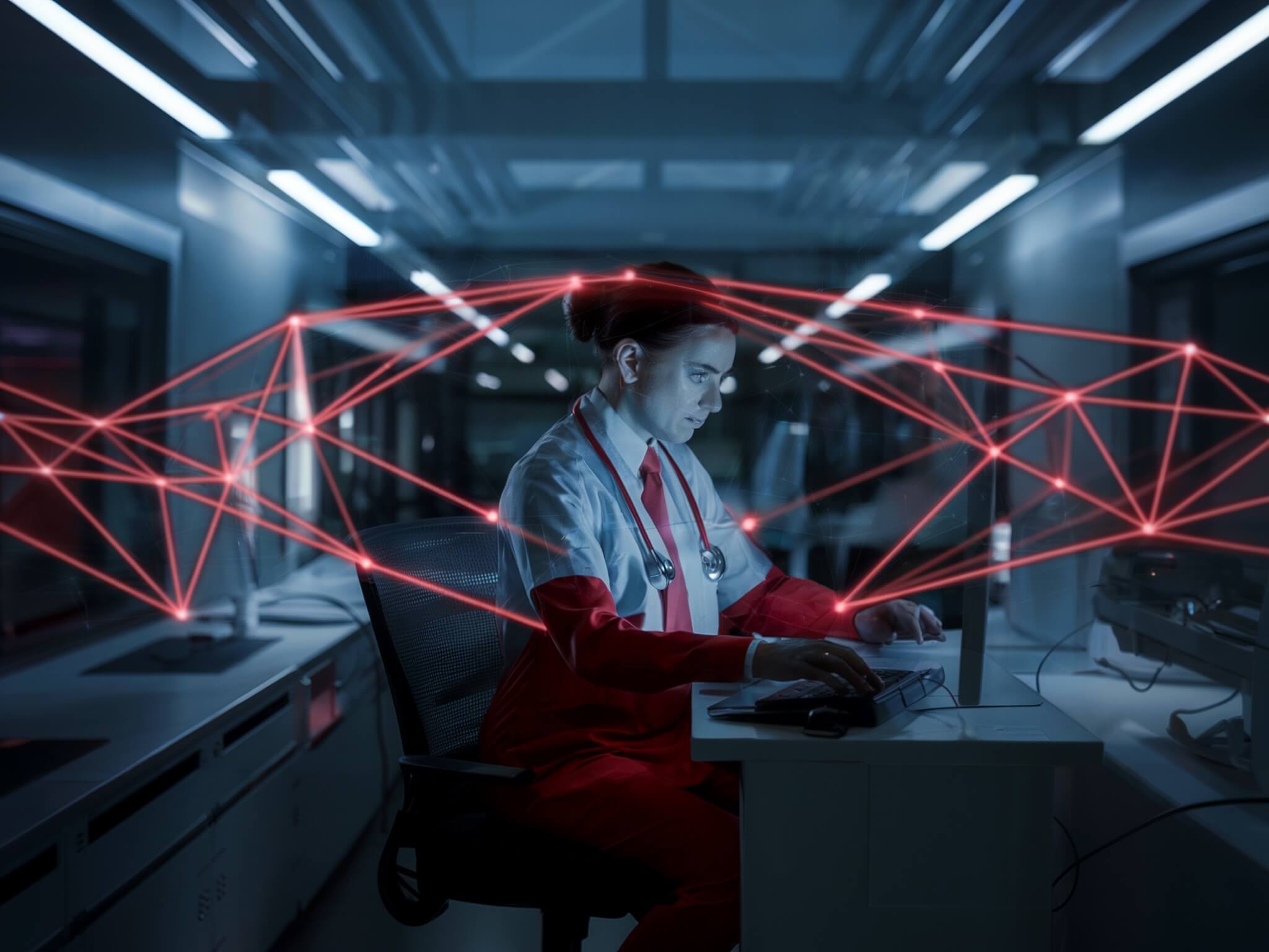 Doctor in work attire sitting in a modern lab or office, working on a computer, surrounded by red light beams symbolizing connectivity and digital communication.