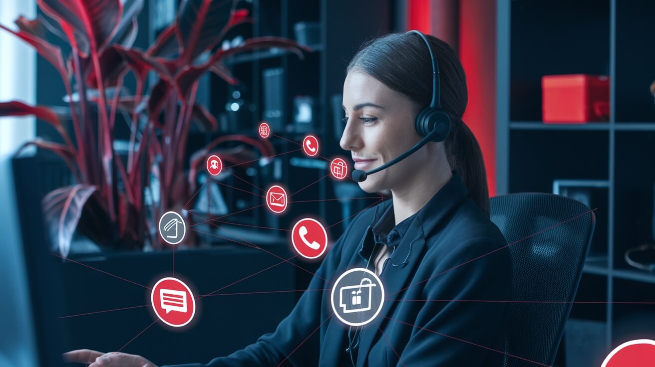 Frau mit Headset sitzt an einem Schreibtisch und arbeitet, umgeben von digitalen Symbolen wie Telefon, E-Mail und Chat, die digitale Kommunikation und Kundenservice darstellen.